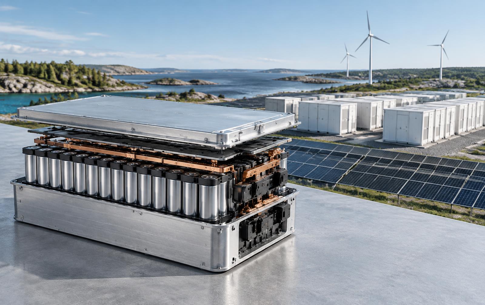 Battery module with energy storage containers, solar panels and coastal wind turbines