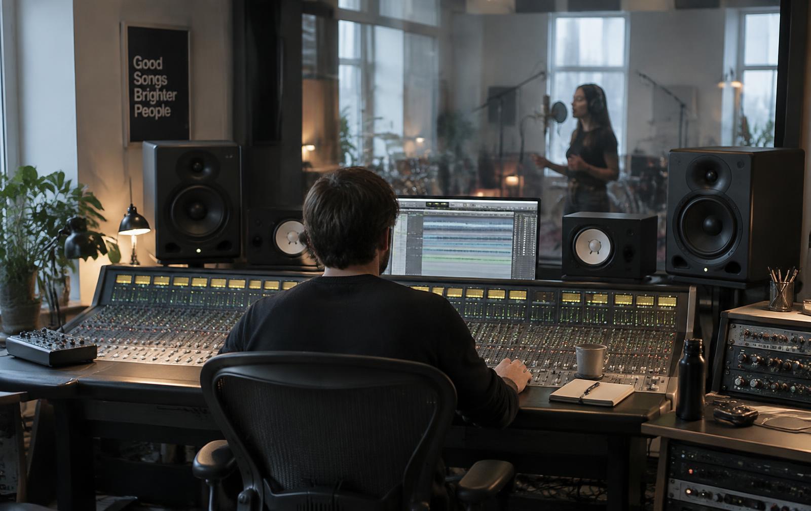A recording studio seen through the control-room glass